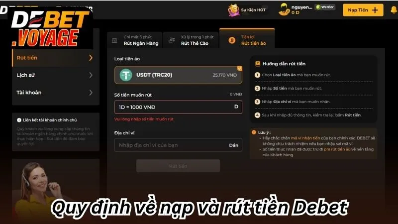 Điều Khoản Debet - Nắm Vững Để Yên Tâm Tham Gia 2 Quy định về nạp và rút tiền Debet